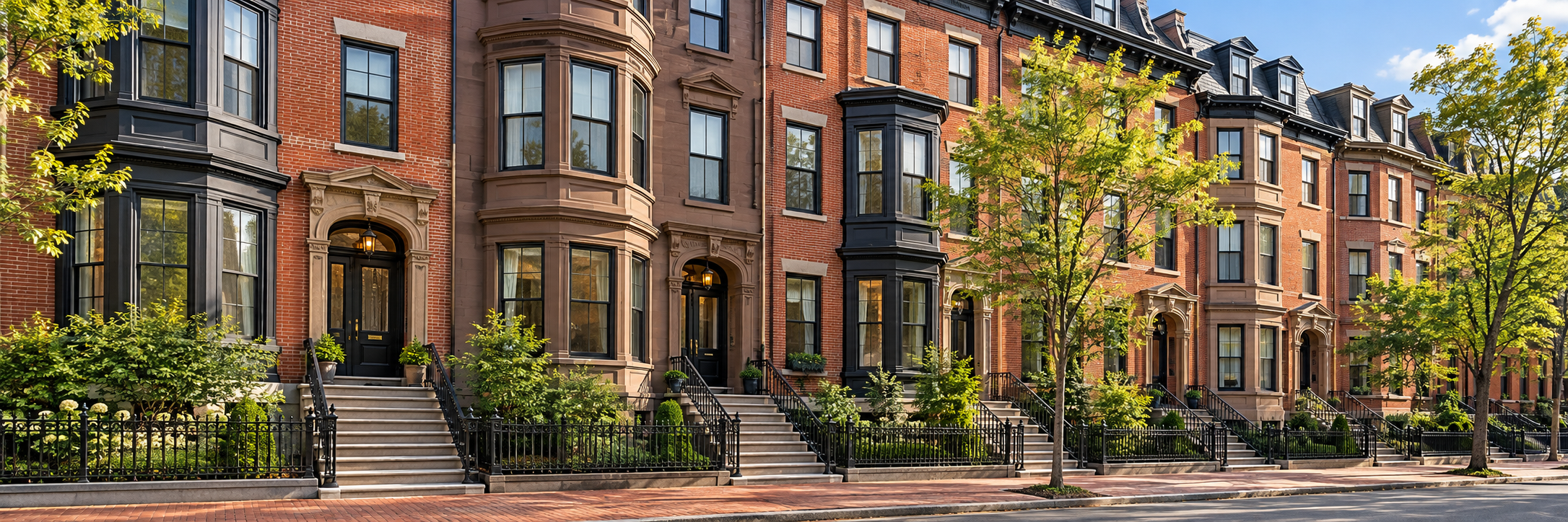 Illustrative Boston style brick apartment buildings with bay windows, leafy trees, and welcoming front steps
